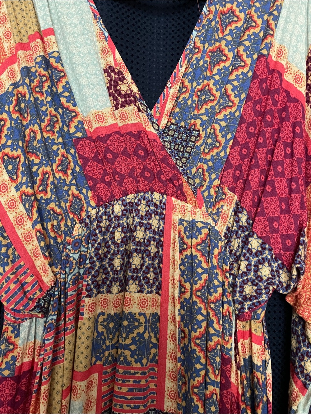 Patchwork Print Long-Sleeve V-Neck Dress in Red & Blue - Picture 5 of 15